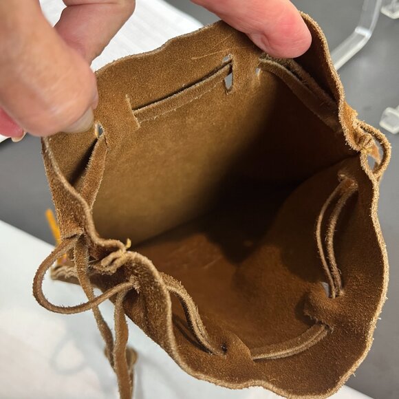 Vintage Tan Suede leather Drawstring bag with beads - Picture 4 of 4